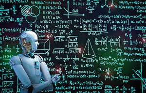 robot a blackboard full of equations