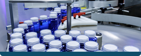 Pharmaceutical manufacturing line for medical bottles.